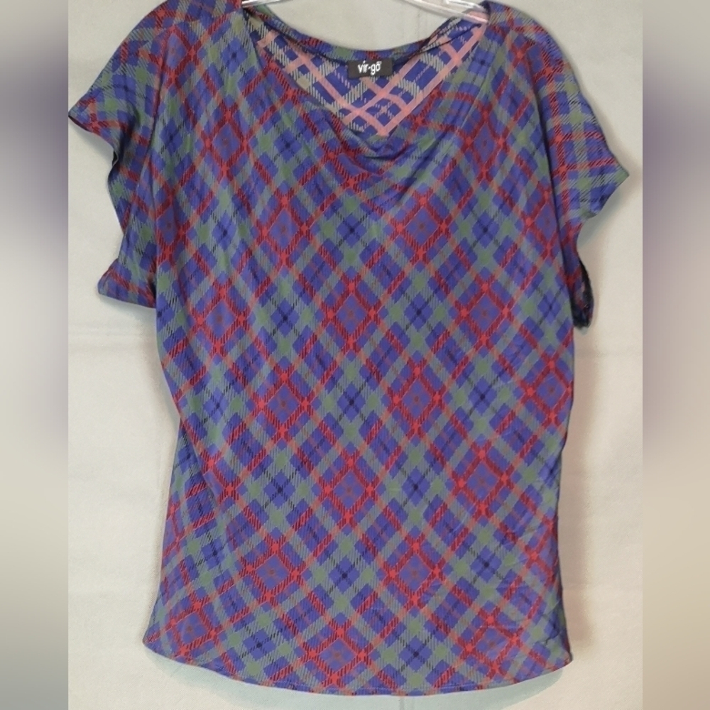 Y2K Neo-vintage Eco-lux bias Purple Green plaid print scoop neck cap sleeve top